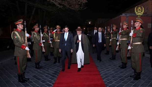 Afghanistan's President Ashraf Ghani and U.S. Defense Secretary Mark Esper inspect the honour guard in Kabul