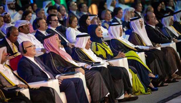 Her Highness Sheikha Moza bint Nasser, HE Sheikh Abdullah bin Nasser bin Khalifa al-Thani, HE Dr Khalid bin Mohamed al-Attiyah and other dignitaries at the 'Catalysing The Futureu2019 celebration of the 10th anniversary of QSTP on Monday.