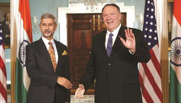 US Secretary of State Mike Pompeo meets External Affairs Minister S Jaishankar at the US Department of State on Monday.