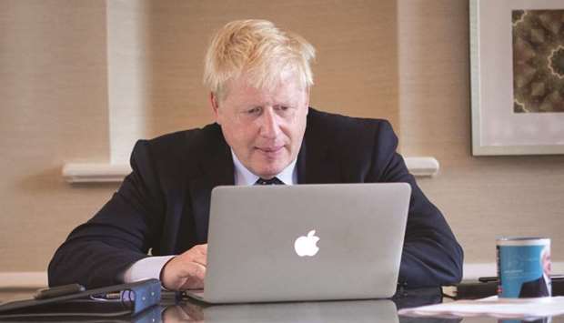 Prime Minister Boris Johnson prepares his keynote speech for the annual Conservative Party conference in Manchester, northwest England, yesterday, which heu2019ll deliver today.