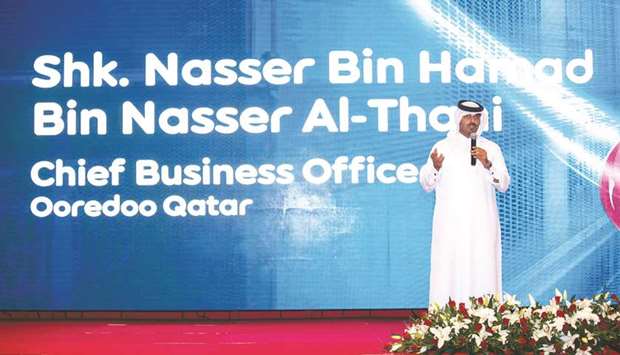 Sheikh Nasser bin Hamad bin Nasser al-Thani speaking at the event.