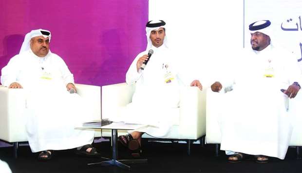 Turki Fahad al-Turki, assistant director of the Urban Planning Department at the MME, elaborates on the recommendations of the MME and MoCI during a panel discussion at Cityscape Qatar 2019 on Wednesday. Looking on are (from left) Eng Khalid bin Joma al-Marzouqi, the MMEu2019s head of Building Permits Complex, and Juma Sabah Juma, head of Urban Design Department at the Department of Urban Planning. PICTURE: Shemeer Rasheed.