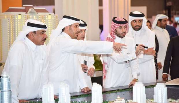 HE the Prime Minister and Interior Minister Sheikh Abdullah bin Nasser bin Khalifa al-Thani touring Cityscape Qatar 2019 on Wednesday with other dignitaries.