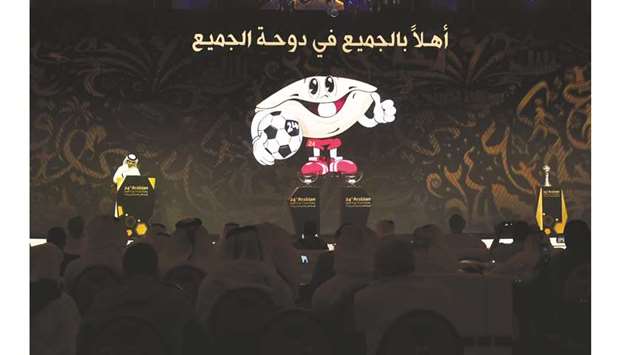 u2018Sodeifiu2019, the mascot of the Arabian Gulf Cup, is projected on a screen  during the draw ceremony yesterday. PICTURE: Noushad Thekkayil