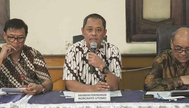 Nurcahyo Utomo, head of the flight accident sub-committee at Indonesiau2019s National Transportation Safety Committee (KNKT), speaks during a news conference in Jakarta yesterday. The KNKT yesterday listed its findings and recommended fixes to Boeing, Lion Air and aviation authorities in the US and Indonesia.