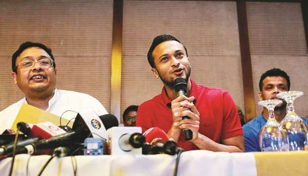 File photo of Shakib Al Hasan speaking with journalists in Dhaka. (AFP)