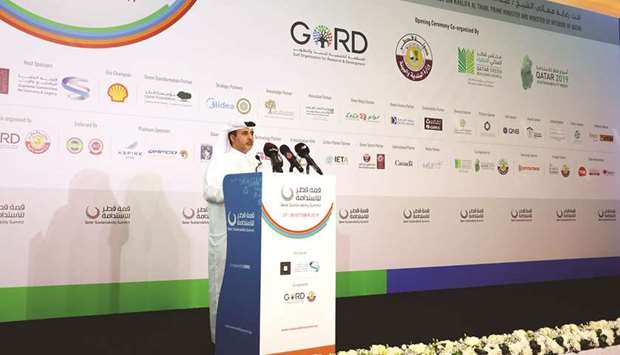 HE the Minister of Municipality and Environment Abdullah bin Abdulaziz bin Turki al-Subaie addressing the inaugural session of the Qatar Sustainable Summit yesterday in Doha.