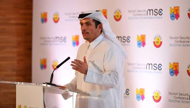 HE the Deputy Prime Minister and Minister of Foreign Affairs Sheikh Mohamed bin Abdulrahman al-Thani welcomes the delegates and other dignitaries at MSC Core Group Meeting in Doha. PICTURES: Ram Chand