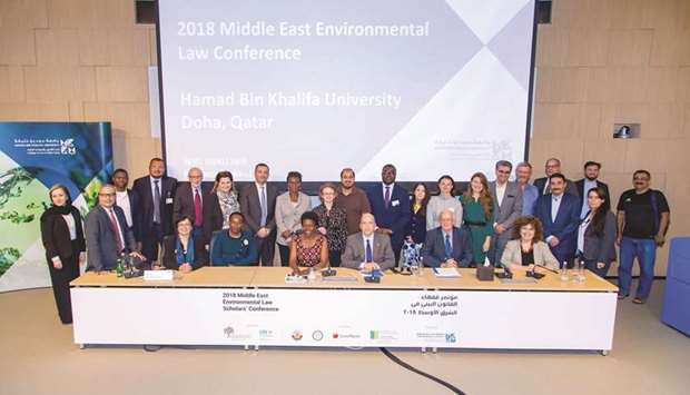 A group of experts who attended the 2018 Middle East Environmental Law Conference, hosted by HBKU.