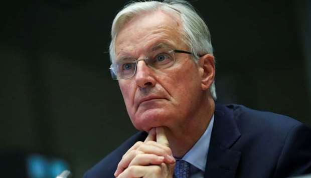 The European Union's Brexit negotiator Michel Barnier looks on as he addresses the European Economic and Social Committee, at the EU Parliament in Brussels, Belgium