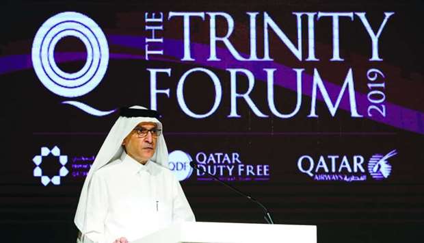 HE al-Baker addressing the u20182019 Trinity Forumu2019 at the St Regis Doha yesterday. PICTURE: Jayaram