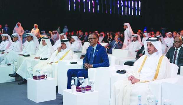 HE the Prime Minister and Interior Minister Sheikh Abdullah bin Nasser bin Khalifa al-Thani, Rwandan President Paul Kagame and other dignitaries during the opening ceremony of the Smart City Expo Doha