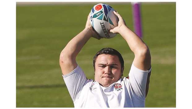 Englandu2019s hooker Jamie George takes part in a training session at Fuchu Asahi Football Park in Tokyo on Wednesday. (AFP)