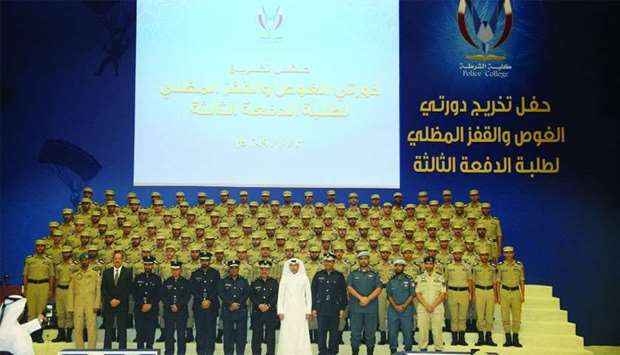 The graduates with HE the Minister of Justice and Acting Minister of State for Cabinet Affairs Dr Issa Saad al-Jafali al-Nuaimi, Minister of Interior's adviser and deputy chairman of the Supreme Council of Police College Major General Dr Abdullah Yousef al-Mal, Police College director general Brigadier Mohamed Abdullah al-Muhana al-Marri and other officials.