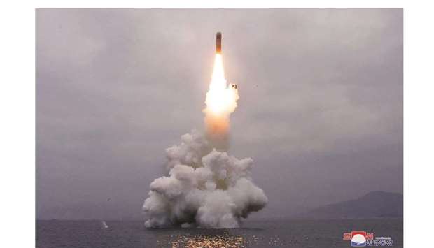 The test-firing of u2018the new-type SLBM Pukguksong-3u2019 in the waters off Wonsan Bay of the East Sea of Korea.