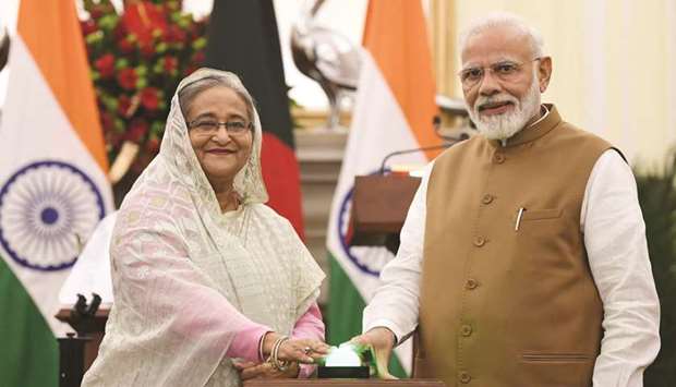 Indiau2019s Prime Minister Narendra Modi and Bangladesh Prime Minister Sheikh Hasina, at the Hyderabad House, in New Delhi, yesterday.