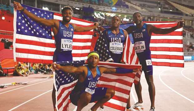 Christian Coleman, Justin Gatlin, Michael Rodgers and Noah Lyles of the US celebrate after winning gold in Menu2019s 4x100 metres Relay Final at the Khalifa International Stadium in Doha yesterday.