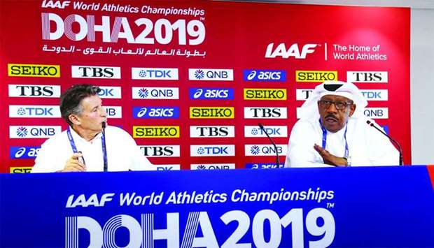 Sebastian Coe and Dahlan Juma al-Hamad during the press conference in Doha