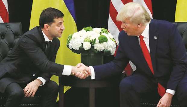 Ukraineu2019s President Volodymyr Zelenskiy greets Trump during a bilateral meeting on the sidelines of the 74th session of the United Nations General Assembly (UNGA) in New York.