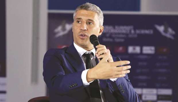 Former Argentine striker Hernan Crespo speaking during the 5th edition of the Aspire Academy Global Summit on Football  Performance and Science in Doha yesterday.