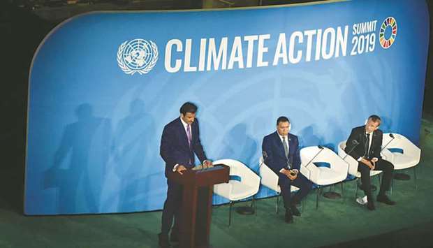 His Highness the Amir Sheikh Tamim bin Hamad al-Thani addressing the UN Climate Action Summit last month.