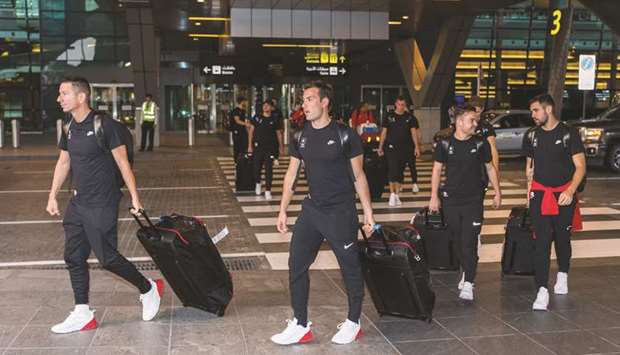 Athletes arrive at the Hamad International Airport yesterday ahead of the first-ever ANOC World Beach Games to be held in Qatar from this Friday.