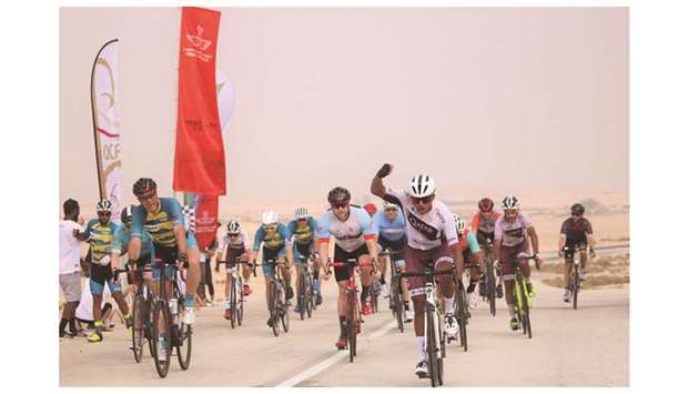 Qataru2019s Abdullah al-Jaaidi celebrates after winning the first stage of the Royal Air Maroc (RAM) Cycling League at the Al Thakira Youth Centre last Friday.