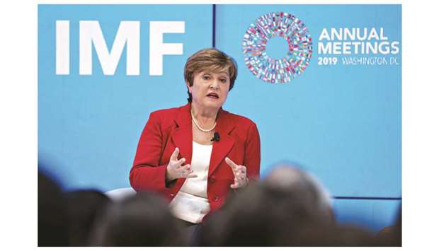 IMF managing director Kristalina Georgieva speaks during a discussion ahead of the IMF and World Bank Group Annual Meetings in Washington, DC, yesterday. In a blunt inaugural speech since taking the helm of the global crisis lender on October 1, Georgieva said trade tensions had u201csubstantially weakenedu201d manufacturing and investment activity worldwide.