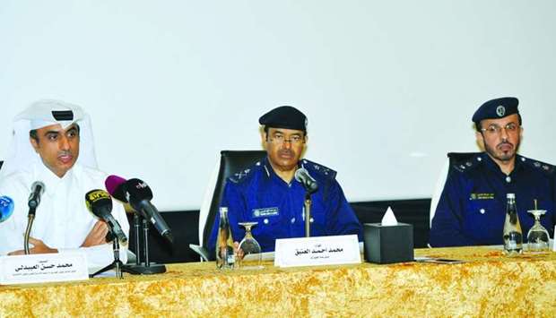 Maj Gen Mohamed Ahmed al-Ateeq, Mohamed Hassan al-Obaidli and Lt Col Ahmed Abdullah al-Harami at the press conference in Doha