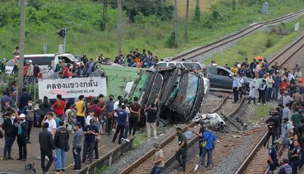 The 60 bus passengers from Samut Prakan province were heading to Chachoengsao, 80 km east of the capital Bangkok, when the accident occurred and the train collided with it.