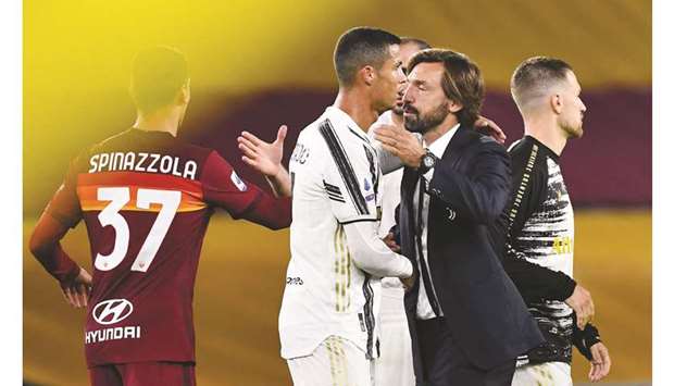 Juventusu2019 Italian coach Andrea Pirlo (R) embraces forward Cristiano Ronaldo at the end of their Italian Serie A football against Roma on September 27 at the Olympic stadium in Rome.