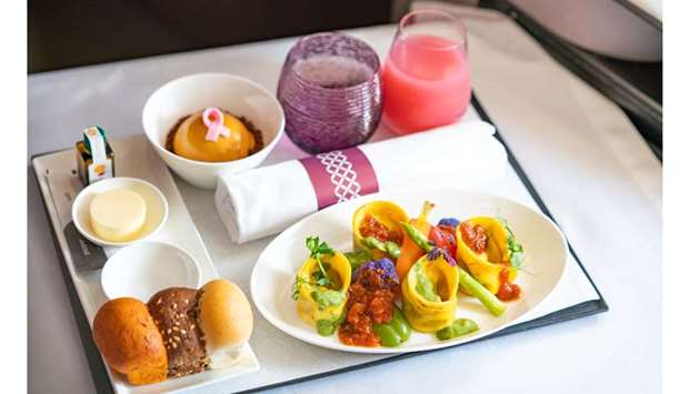Qatar Airwaysu2019 range of flavourful vegan dishes include smoked moutabel, spiral courgettes and arrabbiata sauce, tofu and spinach tortellini, asian barbecue tofu, noodles, scallions and shiitake, fried tofu with vegetable tajine, cauliflower couscous and kalamata bruschetta, and chickpea flour omelette