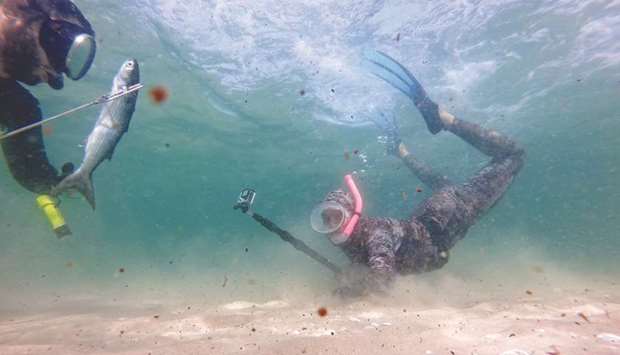 A Palestinian spear-fisherman holds a fish while diving underwater in the Mediterranean Sea off the coast of the southern Gaza Strip.