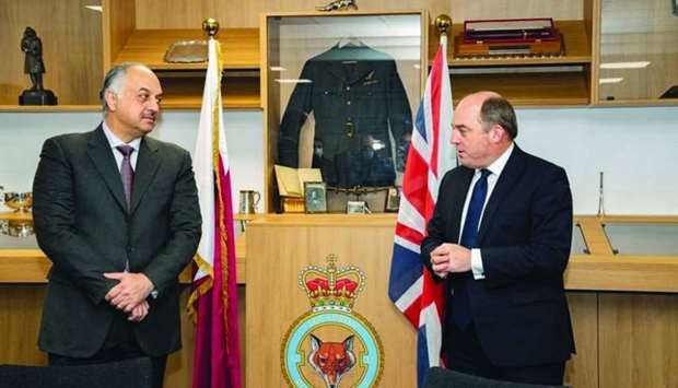 HE the Deputy Prime Minister and Minister of State for Defence Affairs Dr Khalid bin Mohamed al-Attiyah meets with British Minister of Defence Ben Wallace