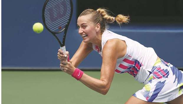 Petra Kvitova of the Czech Republic returns the ball to Kateryna Kozlova of the Ukraine during their US Open match in New York on September 2, 2020. (AFP)