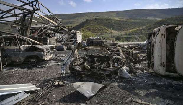 Destroyed vehicles and facilities of the hospital of Martakert region, seen yesterday after shelling during the ongoing fighting between Armenia and Azerbaijan over the disputed region.