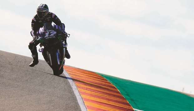 Monster Energy Yamahau2019s Spanish rider Maverick Vinales rides during the first free practice session for the MotoGP of Aragon in Alcaniz, Spain, yesterday. (AFP)