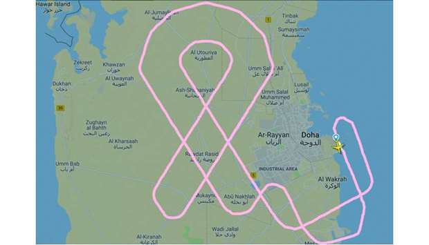 The flight path in the Qatar sky, as seen on live flight tracking sites, resembled the iconic ribbon - which is considered the universal symbol of breast cancer