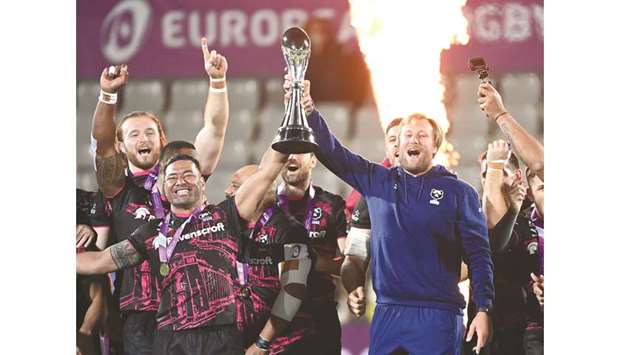 Bristol Bears lift the trophy after their win in the Challenge Cup final against Toulon in Aix-en-Provence, France, on Friday. (AFP)