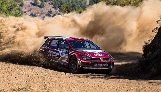 Qataru2019s Nasser Saleh al-Attiyah and French co-driver Matthieu Baumel in action during the Cyprus Rally Saturday. (CyprusRally.com.cy.)