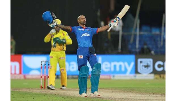 Shikhar Dhawan of Delhi Capitals celebrates after their win over Chennai Super Kings in the Indian Premier League in Sharjah yesterday. (Sportzpics for BCCI)