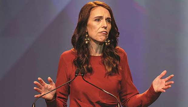 New Zealand Prime Minister Jacinda Ardern speaks at the Labour Party election night event as she claims victory in the general election, in Auckland, yesterday.