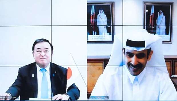 HE the Minister of State for Energy Affairs Engineer Saad Sherida Al-Kaabi and Japanese Minister of Economy, Trade and Industry Kajiyama Hiroshi hold discussions through videoconferencing