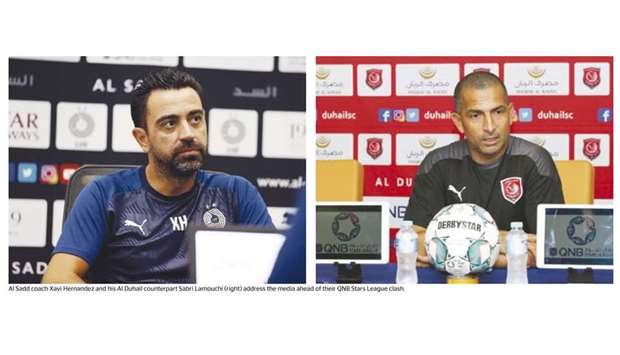 Al Sadd coach Xavi Hernandez and his Al Duhail counterpart Sabri Lamouchi (right) address the media ahead of their QNB Stars League clash