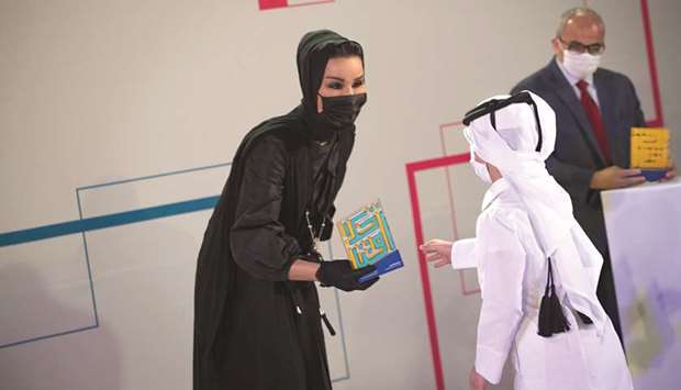 Her Highness Sheikha Moza bint Nasser, Chairperson of Qatar Foundation, awarded Fahad Al-Hamad, Abdullah Al-Sada and Noora Al-Maslamani with the Akhlaquna Award for their project u201cYes, I can!u201d, a student-led initiative that calls for changing the prevailing stereotype of people with disabilities by highlighting their active role in society. Her Highness also awarded the first cycle of the Akhlaquna Junior winners for their commitment to their moral values and leadership. PICTURE: Aisha al-Musallam