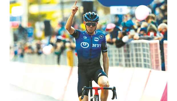 Team NTT Australia  rider Ben Ou2019Connor celebrates as he crosses the finish line of the 17th stage of the Giro du2019Italia 2020 cycling race, a 203km route between Bassano del Grappa - Madonna di Campiglio, yesterday.