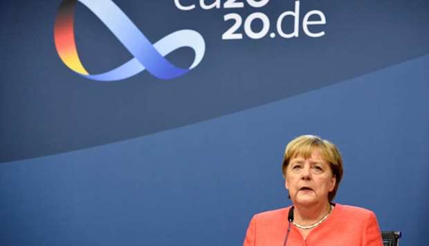 Germany's Chancellor Angela Merkel attends a news conference during the second face-to-face EU summit since the coronavirus disease outbreak, in Brussels