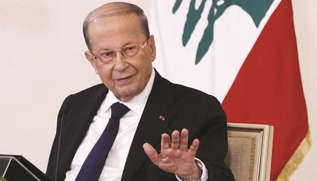 Lebanese President Michel Aoun speaks at a televised press conference at the presidential palace in Baabda, east of the capital Beirut yesterday.