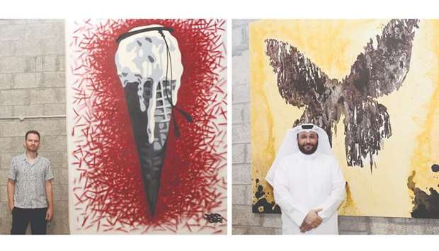 Serbian artist Dimitrije Bugarski showcases his work 'Ice Cream Vigilante', left, and Qatari artist Nasser al-Attiyah's fascination with butterflies reflects on his works, which are currently on show at the exhibition. PICTURES: Shaji Kayamkulam