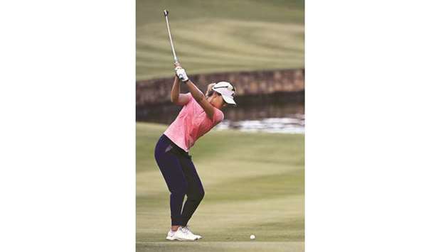 Danielle Kang hits her approach shot on the ninth hole during round one of the 2020 LPGA Drive On Championship in Greensboro, Georgia.